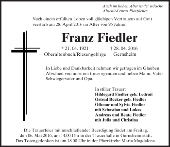 Traueranzeige von Franz Fiedler von Trauerportal Echo Online
