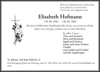 Traueranzeige von Elisabeth Hofmann von  Allgemeine  Zeitung Ingelheim-Bingen