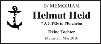 Traueranzeige von Helmut Held von  Allgemeine Zeitung Mainz