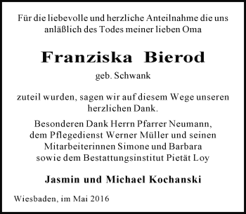 Traueranzeige von Franziska Bierod von  Wiesbaden komplett