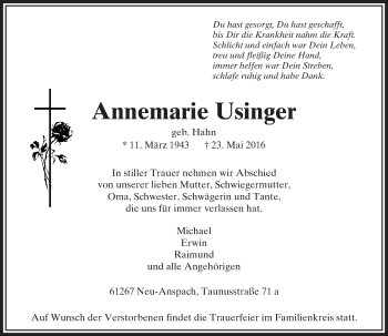Traueranzeige von Annemarie Usinger von  Usinger Anzeiger Traueranzeige von Annemarie Usinger von  Usinger Anzeiger