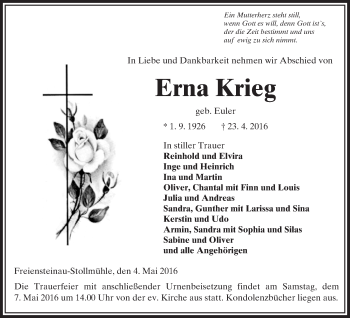 Traueranzeige von Erna Krieg von VRM Trauer