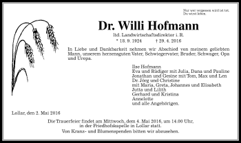 Traueranzeige von Willi Hofmann von  Gießener Anzeiger