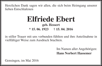 Traueranzeige von Elfriede Ebert von  Allgemeine  Zeitung Ingelheim-Bingen