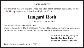 Traueranzeige von Irmgard Roth von  Wormser Zeitung