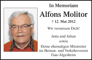 Traueranzeige von Alfons Molitor von  Allgemeine  Zeitung Ingelheim-Bingen