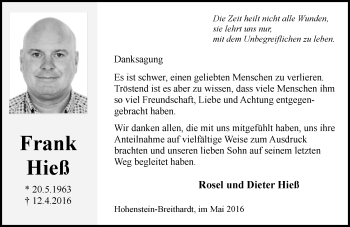 Traueranzeige von Frank Hieß von  Wiesbaden komplett