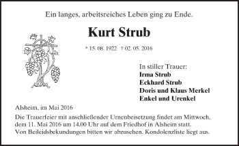 Traueranzeige von Kurt Strub von  Wormser Zeitung