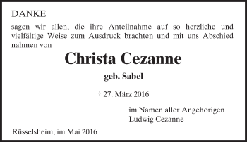 Traueranzeige von Christa Cezanne von  Mainspitze