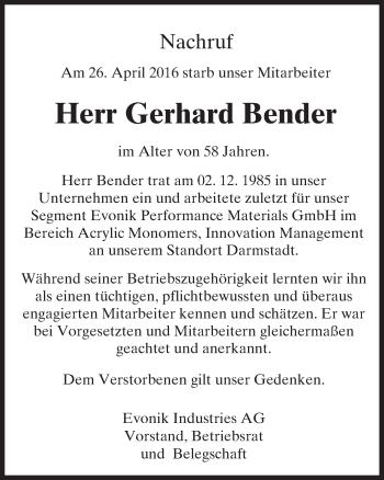 Traueranzeige von Gerhard Bender von Trauerportal Echo Online
