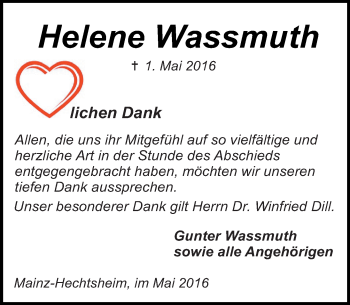 Traueranzeige von Helene Wassmuth von  Allgemeine Zeitung Mainz