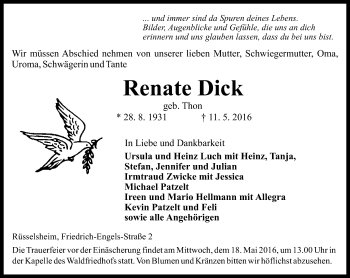 Traueranzeige von Renate Dick von  Mainspitze