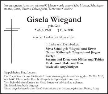 Traueranzeige von Gisela Wiegand von  Allgemeine Zeitung Alzey
