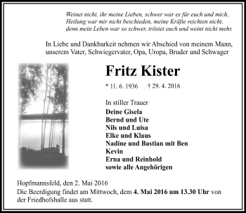 Traueranzeige von Fritz Kister von VRM Trauer