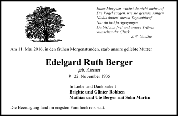 Traueranzeige von Edelgard Ruth Berger von  Allgemeine Zeitung Mainz