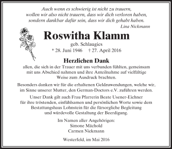 Traueranzeige von Roswitha Klamm von  Usinger Anzeiger