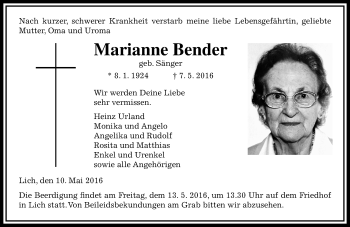 Traueranzeige von Marianne Bender von  Gießener Anzeiger