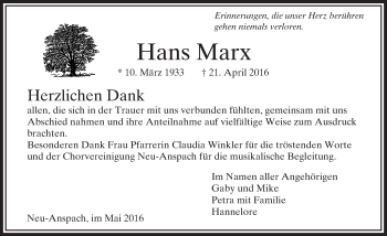 Traueranzeige von Hans Marx von  Usinger Anzeiger
