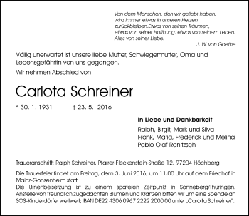 Traueranzeige von Carlota Schreiner von  Allgemeine Zeitung Mainz