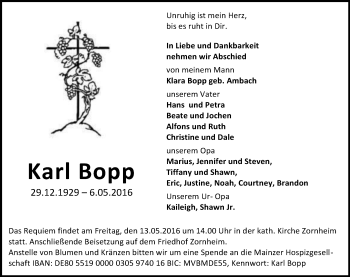 Traueranzeige von Karl Bopp von  Allgemeine Zeitung Mainz