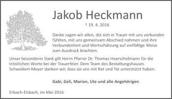 Traueranzeige von Jakob Heckmann von Trauerportal Echo Online