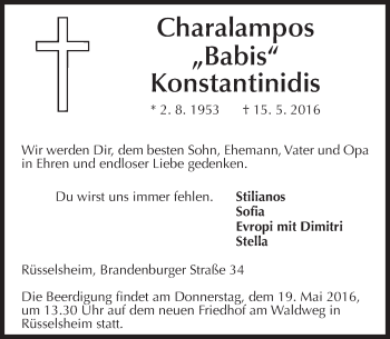 Traueranzeige von Charalampos Konstantinidis von  Mainspitze