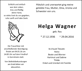 Traueranzeige von Helga Wagner von Trauerportal Echo Online