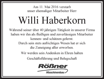 Traueranzeige von Willi Haberkorn von VRM Trauer