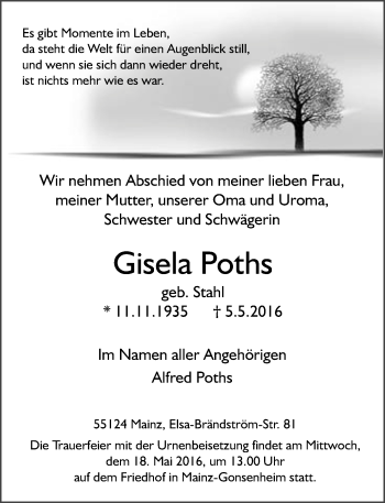 Traueranzeige von Gisela Poths von  Wiesbaden komplett