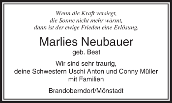 Traueranzeige von Marlies Neubauer von  Usinger Anzeiger