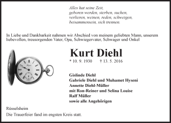 Traueranzeige von Kurt Diehl von Trauerportal Echo Online