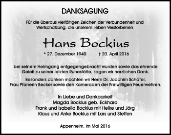 Traueranzeige von Hans Bockius von  Allgemeine  Zeitung Ingelheim-Bingen