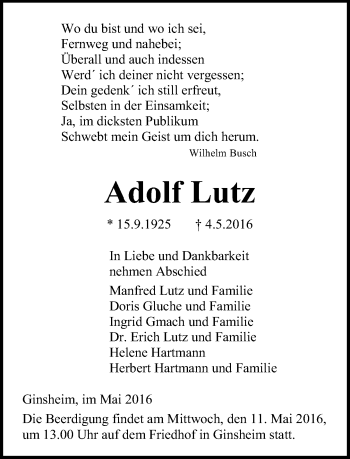 Traueranzeige von Adolf Lutz von  Allgemeine Zeitung Mainz
