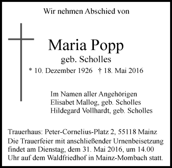 Traueranzeige von Maria Popp von  Allgemeine Zeitung Mainz