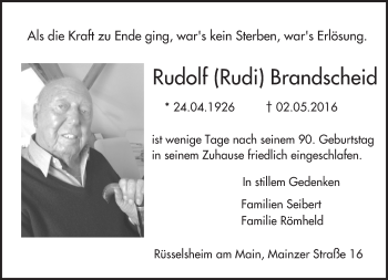 Traueranzeige von Rudolf Brandscheid von  Mainspitze