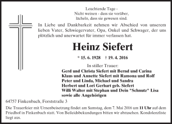 Traueranzeige von Heinz Siefert von Trauerportal Echo Online