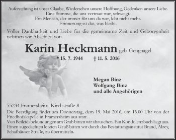 Traueranzeige von Karin Heckmann von  Allgemeine Zeitung Alzey
