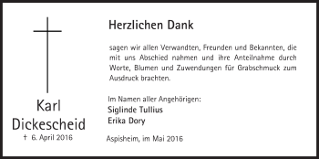 Traueranzeige von Karl Dickescheid von  Allgemeine  Zeitung Ingelheim-Bingen