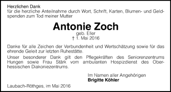 Traueranzeige von Antonie Zoch von  Gießener Anzeiger