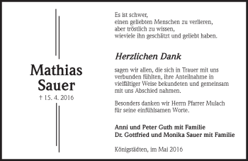 Traueranzeige von Mathias Sauer von Trauerportal Echo Online