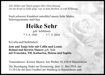 Traueranzeige von Heike Sehr von Trauerportal Echo Online