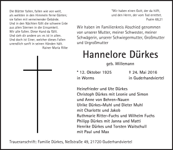 Traueranzeige von Hannelore Dürkes von  Wormser Zeitung