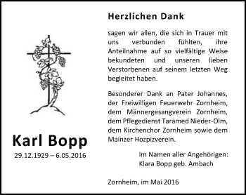 Traueranzeige von Karl Bopp von  Allgemeine Zeitung Mainz