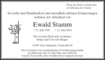 Traueranzeige von Ewald Stamm von  Usinger Anzeiger Traueranzeige von Ewald Stamm von  Usinger Anzeiger