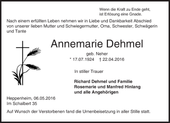 Traueranzeige von Annemarie Dehmel von Trauerportal Echo Online
