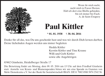 Traueranzeige von Paul Kittler von  Allgemeine Zeitung Mainz