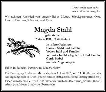 Traueranzeige von Magda Stahl von  Allgemeine Zeitung Alzey