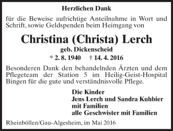 Traueranzeige von Christina Lerch von  Allgemeine  Zeitung Ingelheim-Bingen
