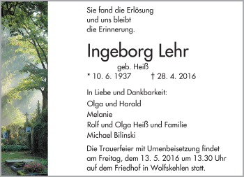 Traueranzeige von Ingeborg Lehr von Trauerportal Echo Online