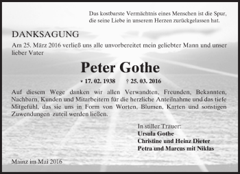 Traueranzeige von Peter Gothe von  Allgemeine Zeitung Mainz
